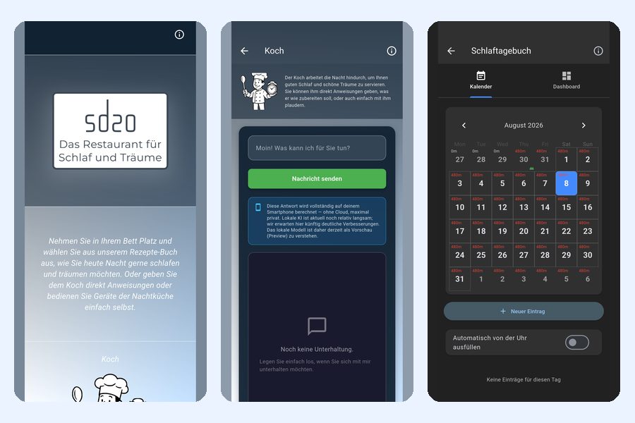 Drei Bildschirme der sd20 App: Start, Koch und Schlaftagebuch